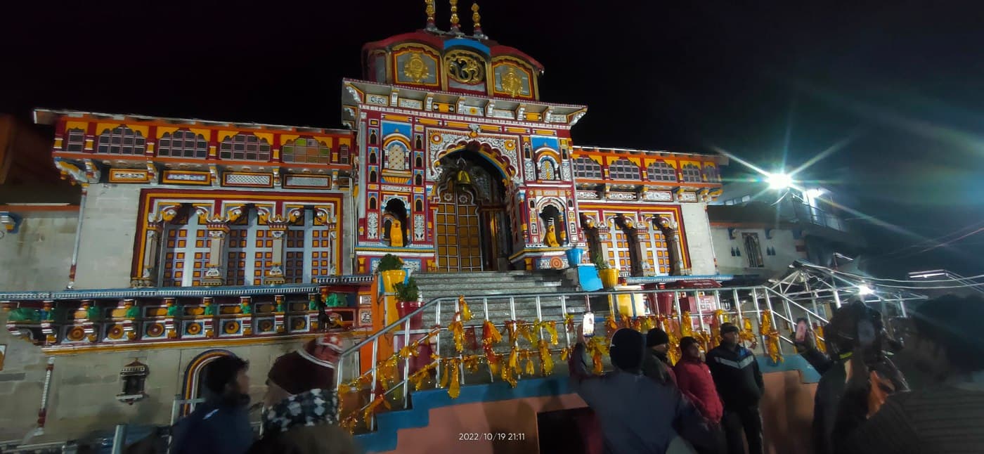 Badrinath temple lit at night personal photo
